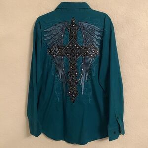 Victorious Teal Blue Long Sleeve Shirt with Embellishments Crosses Shirt Size XL